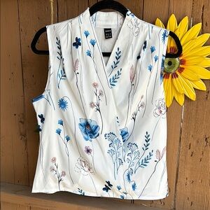 SHEIN White and Blue Sleeveless Wrap Blouse